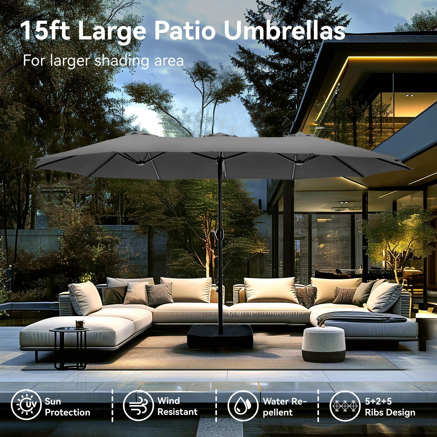 15ft Double-Sided Patio Extra Large Twin Umbrella with Base