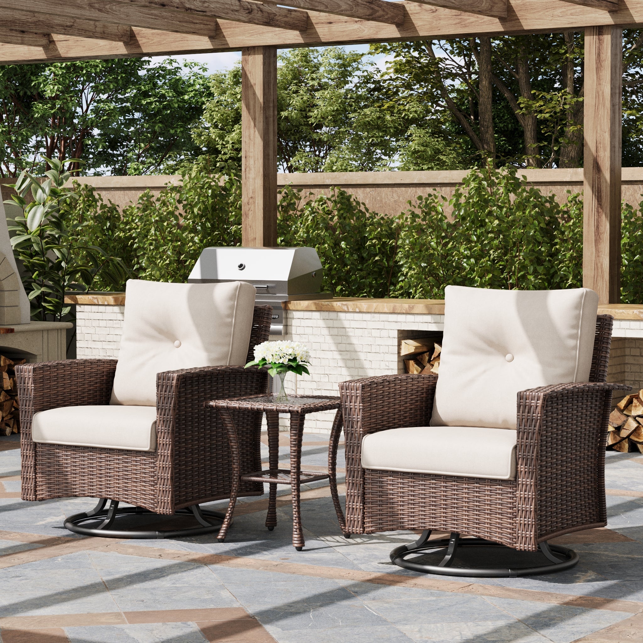 Zestaw Patio LayinSun 3 elementy z obracanymi fotelami bujanymi z rattanu