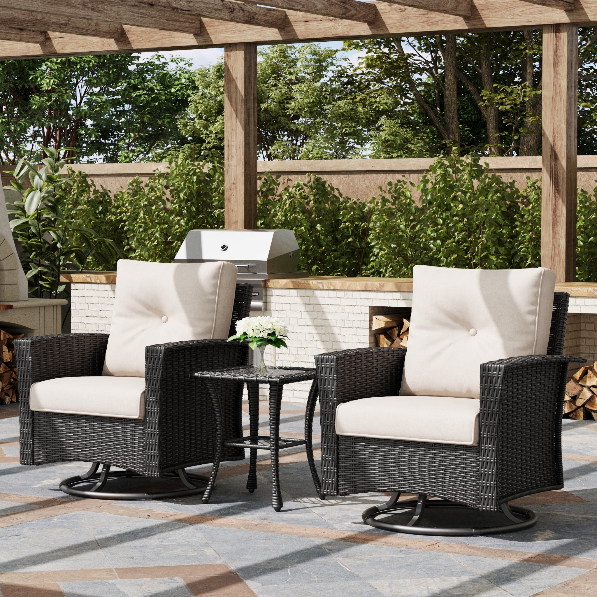 Zestaw Patio LayinSun 3 elementy z obracanymi fotelami bujanymi z rattanu