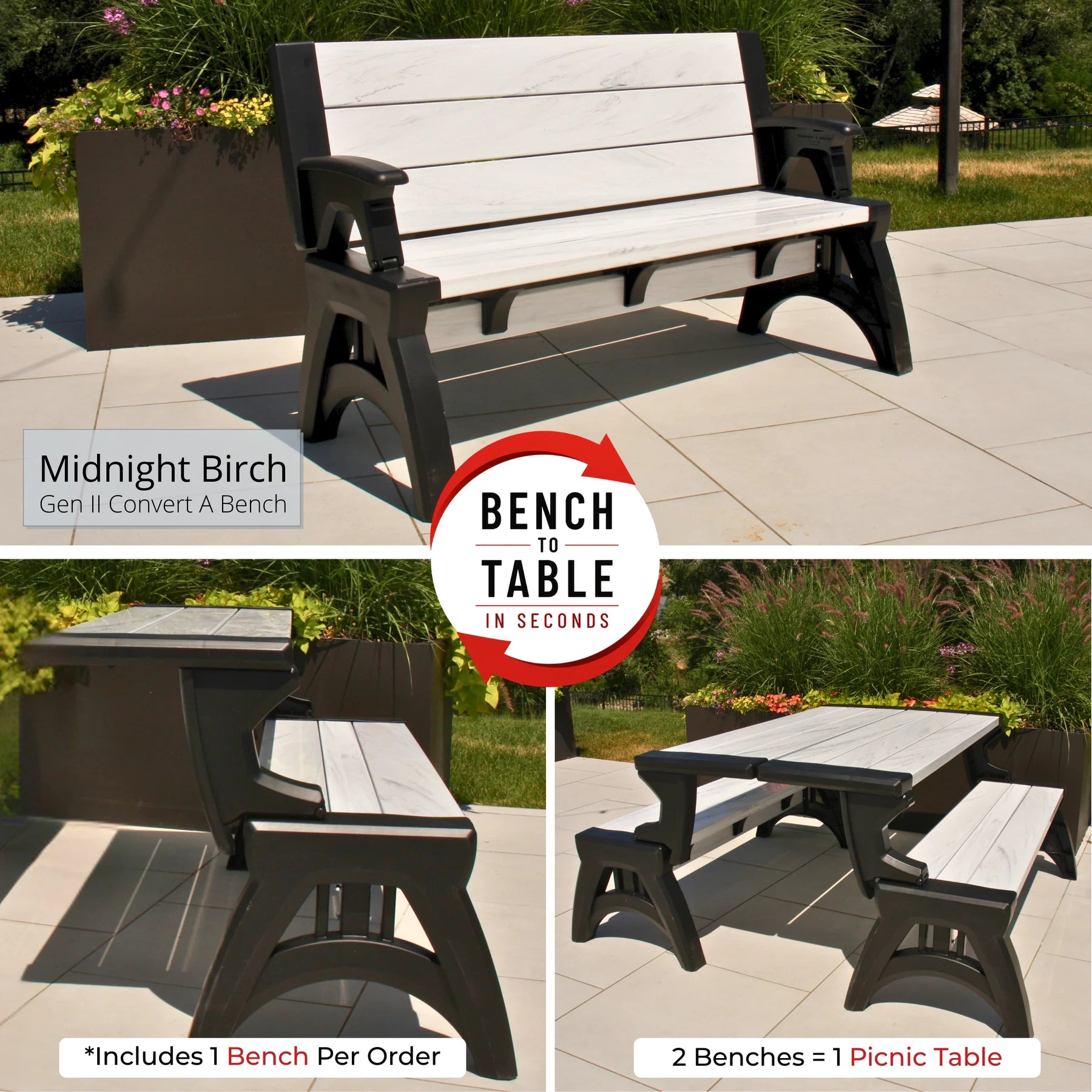 Zestaw 2 ławek ogrodowych Convert-a-Bench Gen II XL Designer – łatwo zmienisz je w stół