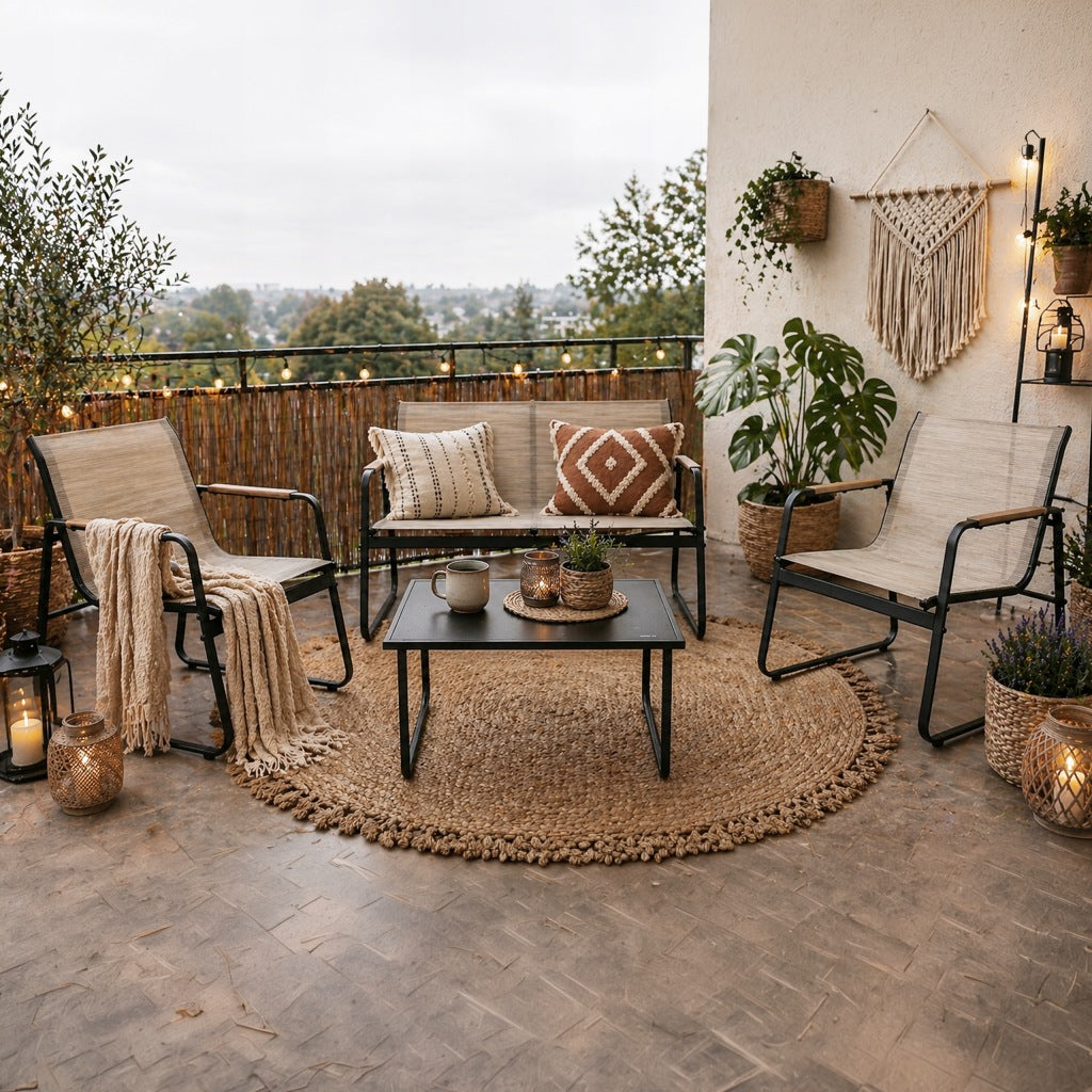 ZESTAW MEBLI OGRODOWYCH 4os BALKON STÓŁ ŁAWKA 2x KRZESŁA PAROS TAUPE