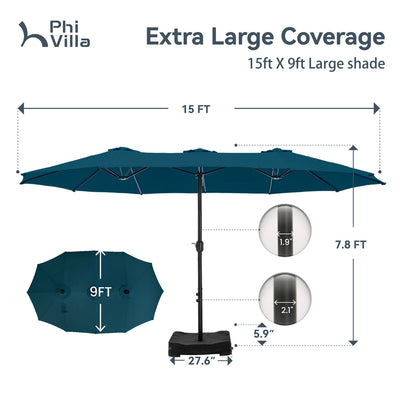 15ft Double-Sided Patio Extra Large Twin Umbrella with Base
