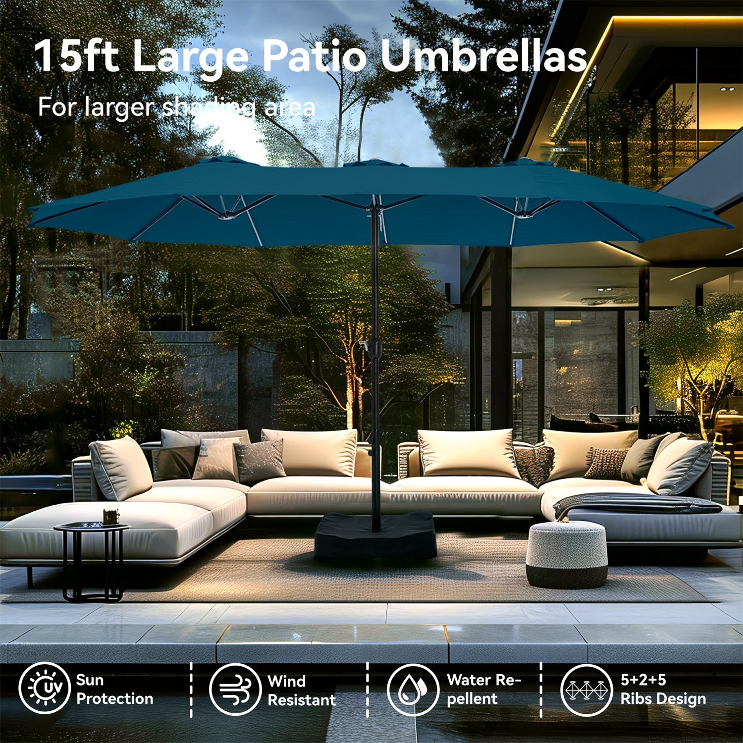 15ft Double-Sided Patio Extra Large Twin Umbrella with Base